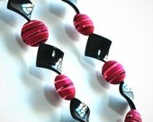 Black, pink, stripey chunky necklace - black twisty diamonds, pink stripy beads, stripey