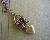 Heart and Lock Necklace  Vintage  heart charm heart necklace Valentine Gift under 20