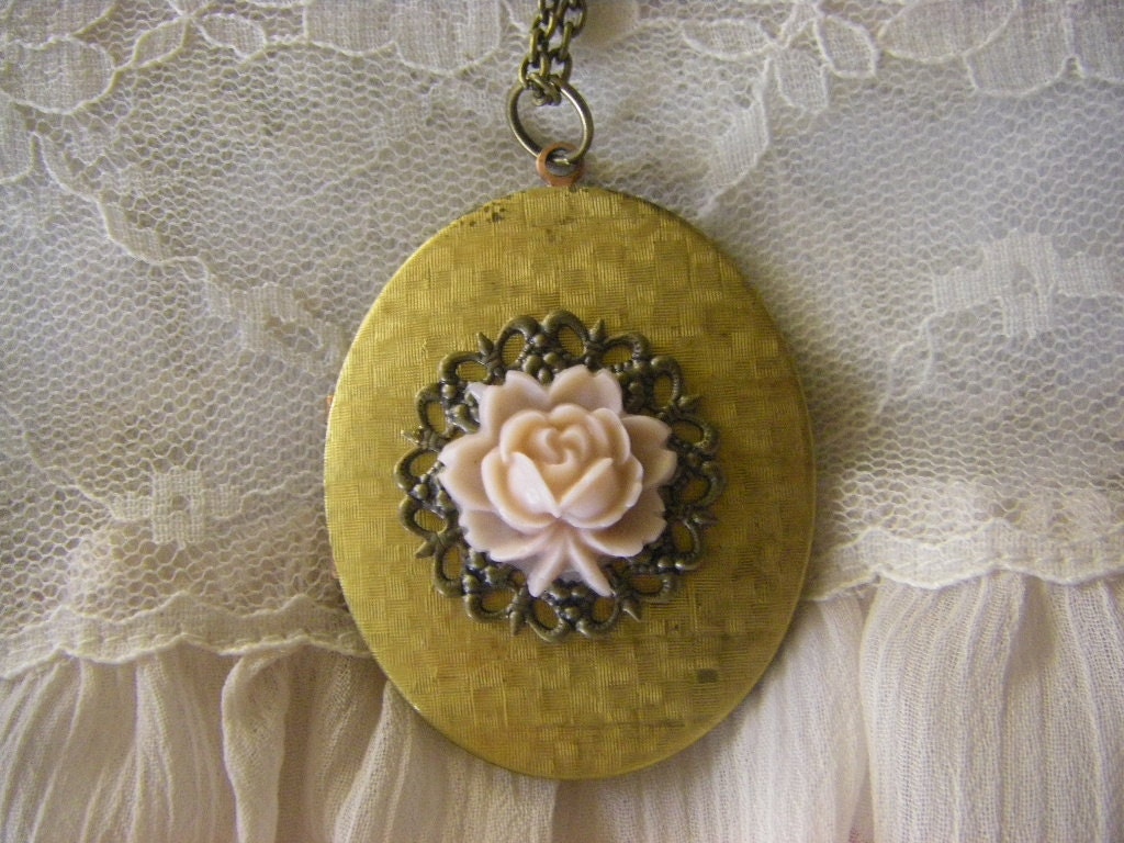 Vintage Rose Locket Necklace oval large locket gift for her Valentine's Day