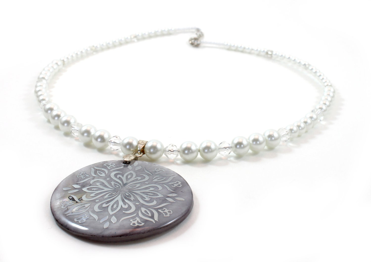 Pearl Necklace, handmade, White Glass Pearls, crystal beads, Shell Pendant, wedding necklace