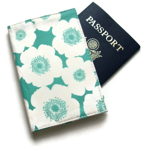 Travel Document Wallet, Passport Cover, Sea Green Flowers