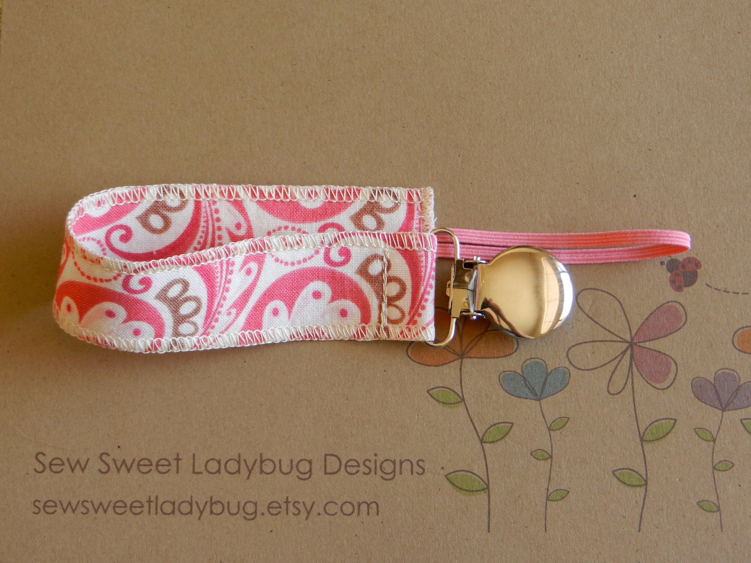 Soothie Fabric Pacifier Clip in Kate Spain for Moda Fabrics Verna Pink Paisley Girl Pacifier Clip Ready to ship