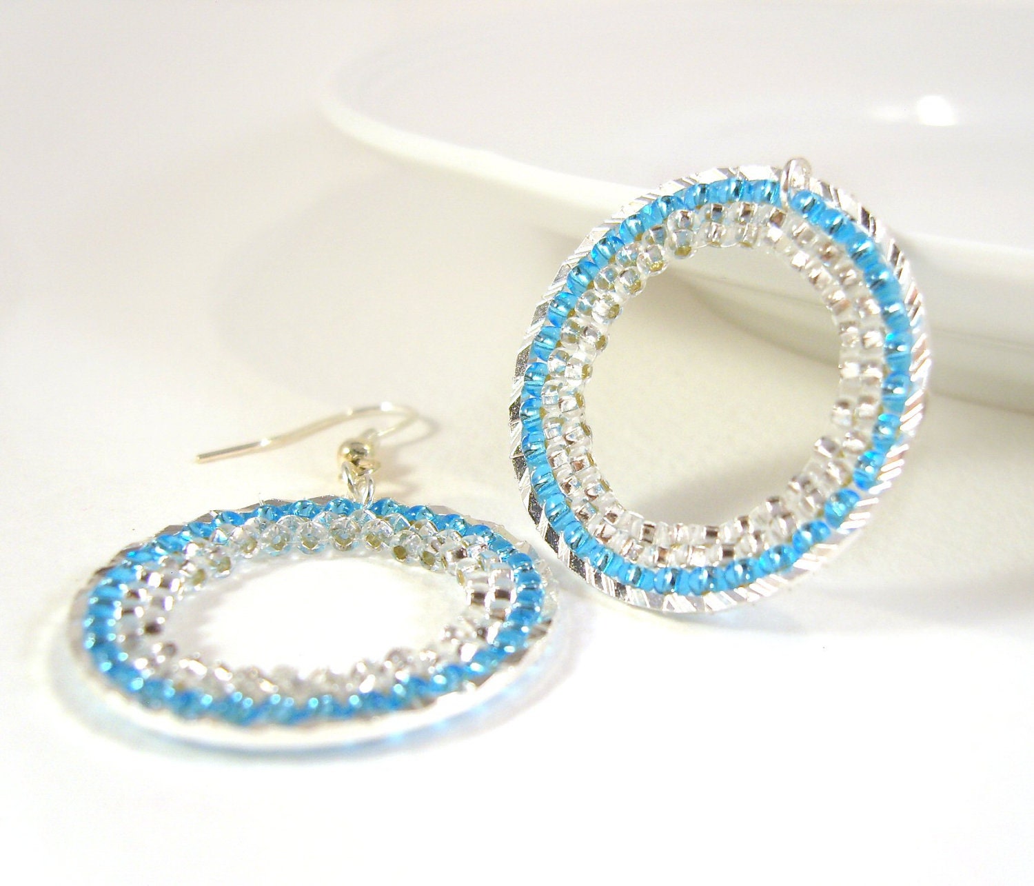 Blue Hoop Earrings: Sparkly beaded hoops dangly earrings gift for her
