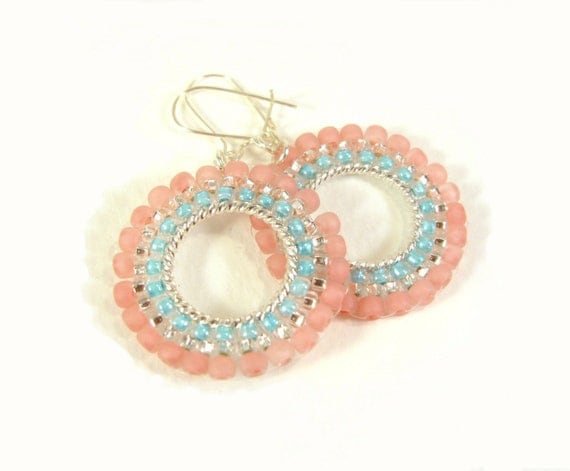 Pastel Hoop Earrings: Pink and Turquoise Seed Bead Beaded Hoops UK
