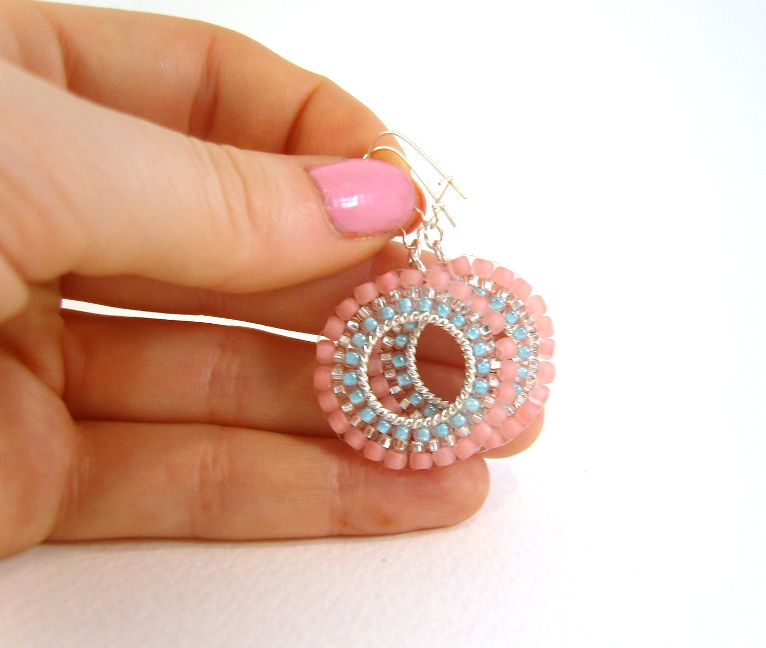 Pastel Hoop Earrings: Pink and Turquoise Seed Bead Beaded Hoops UK