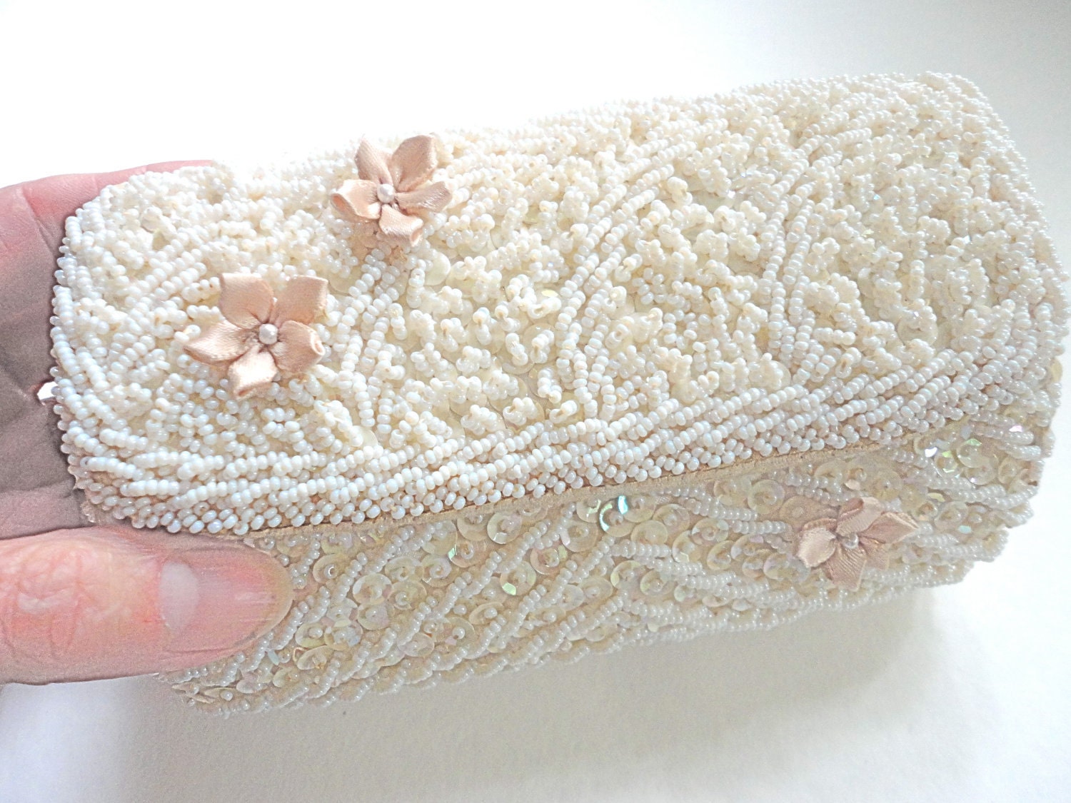 White Beaded Clutch with Blush Flowers