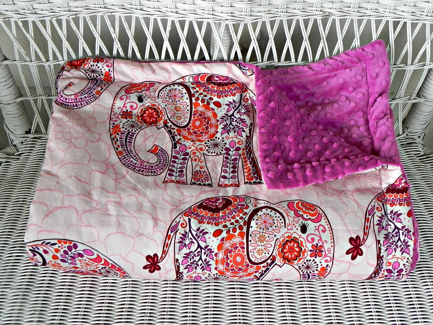 Elephant Toddler Minky Blanket - Blush Pink Fabric with Large, Colorful Elephants and Raspberry Minky - Ships in 3-4 weeks