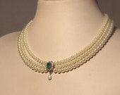 Wedding Necklace ,Bridal,Choker, Pearls, Rhinestone,Zirconium,  Emerald Green Stone, Statement ,Vintage Jewelry, Lady D,  Triple Pearls Row