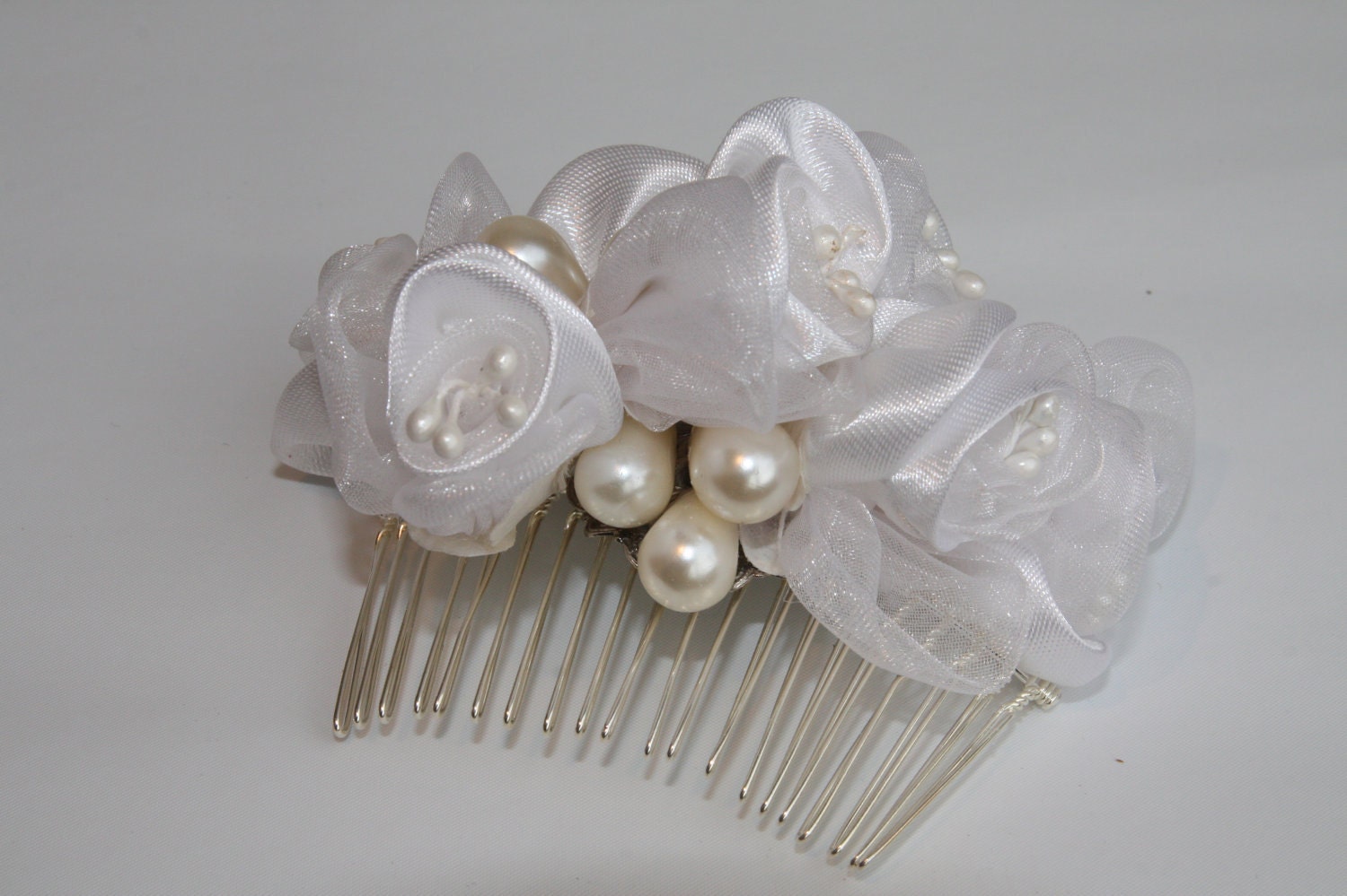 Wedding Bridal Bouquet Hair Comb,Silver Sterling ,Vintage Accessory, Jewelry, Pearls, Silk Flowers Head Piece, Headband, Side Tiara,