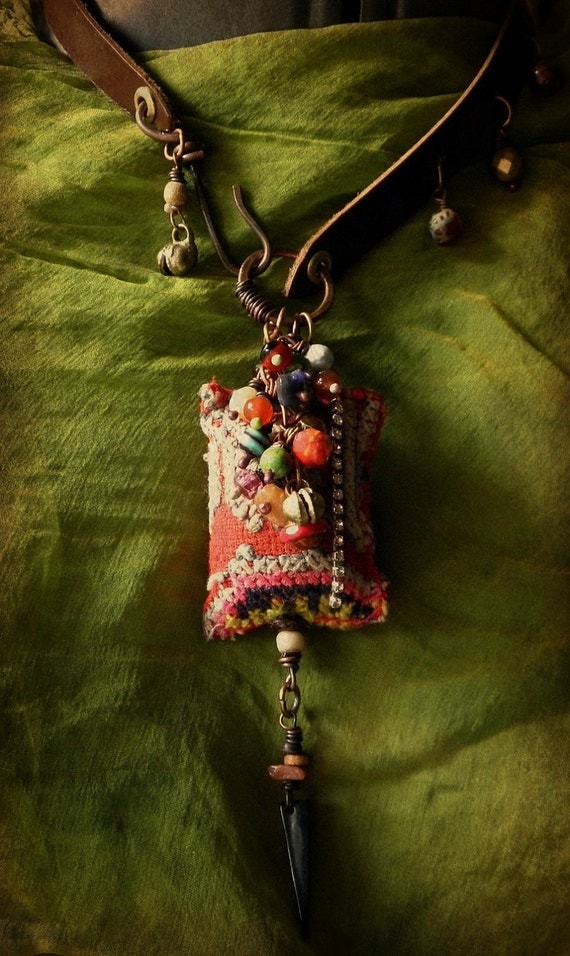 Bohemian gypsy cluster necklace - vintage textile and beads