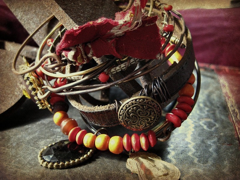 Gypsy bangle stack - eclectic reds and oranges with leather and metal bangles
