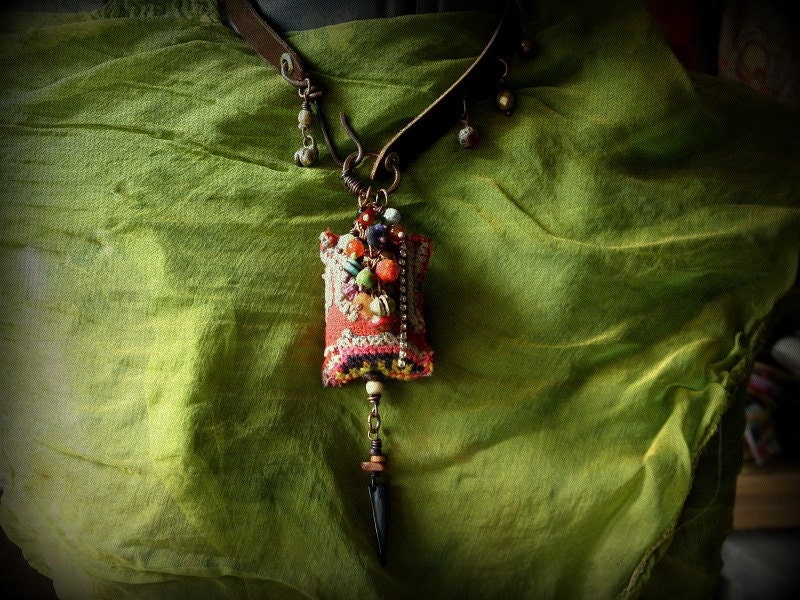 Bohemian gypsy cluster necklace - vintage textile and beads