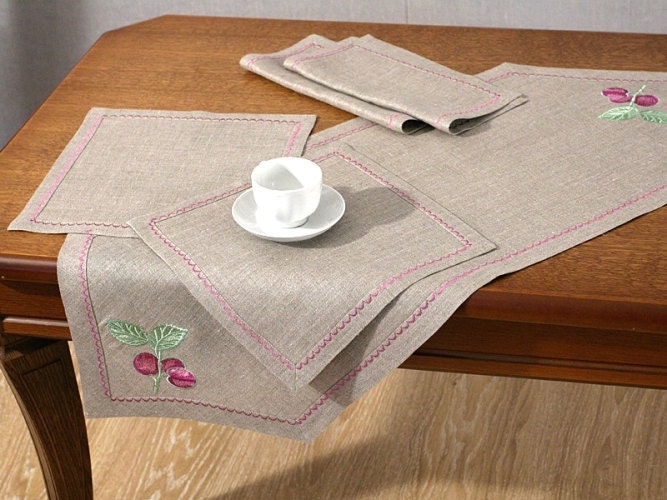 napkins Napkins Table and runner 4 Runner and   table Grey Linen embroidery Gray set Flax  Organic