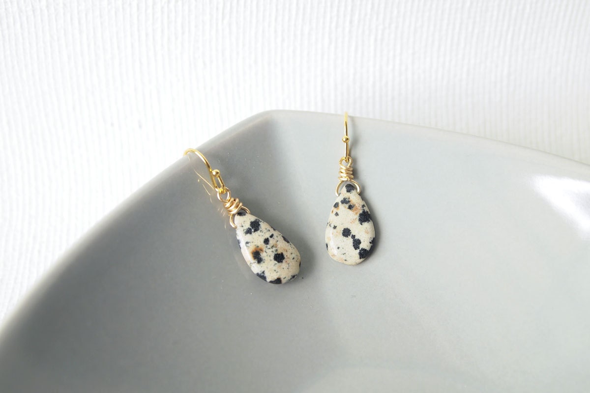 LAST PAIR Everyday Earrings : Single Dalmatian Jasper Tear Drop Earrings