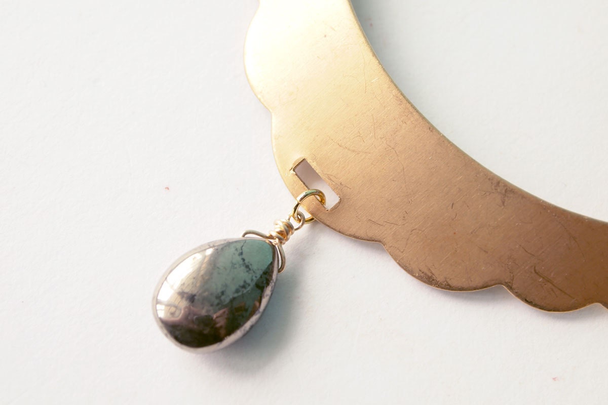 Statement Necklace : Scallop Bib Collar Necklace with Pyrite Drop, Gifts for her