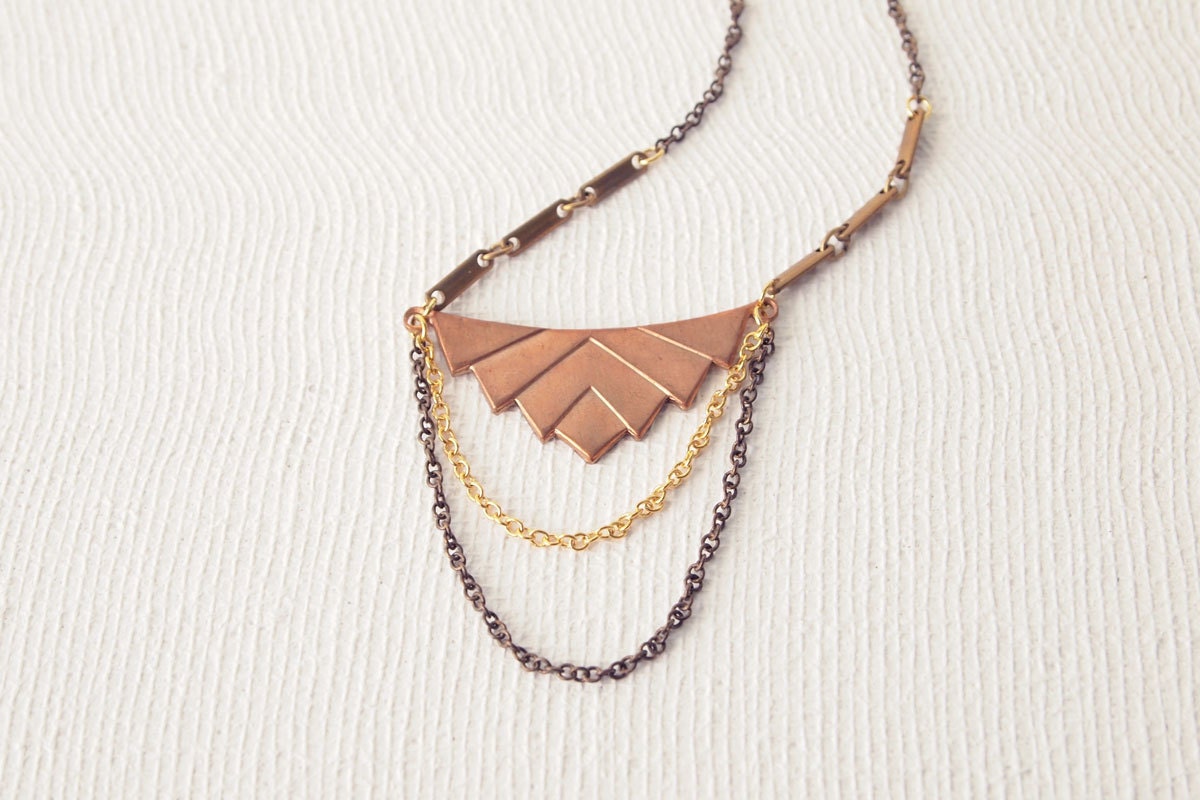 Geometric Necklace : Copper Brass Chevron Necklace with 2-tier Drape