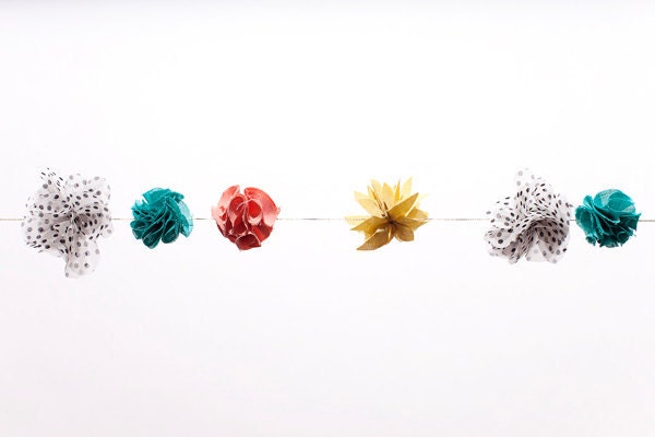 Fabric Flower Garland (teal, peach, yellow, polka dots)