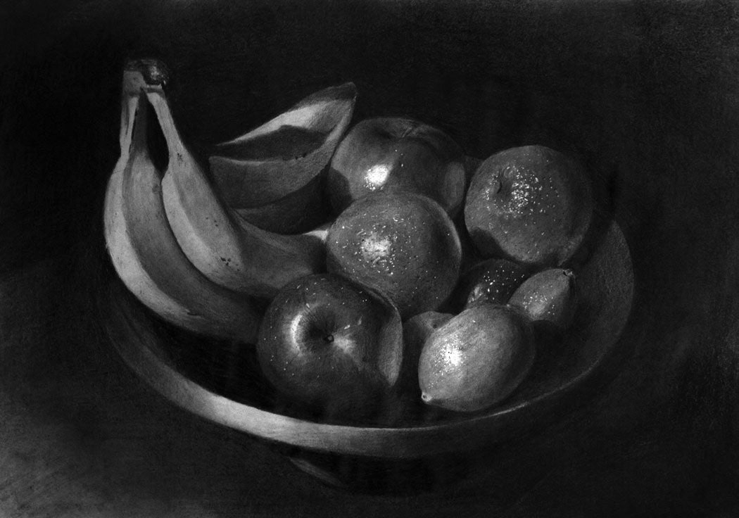 Still Life, Fruits In Bowl, 11" x 8,5" Print of original graphite drawing