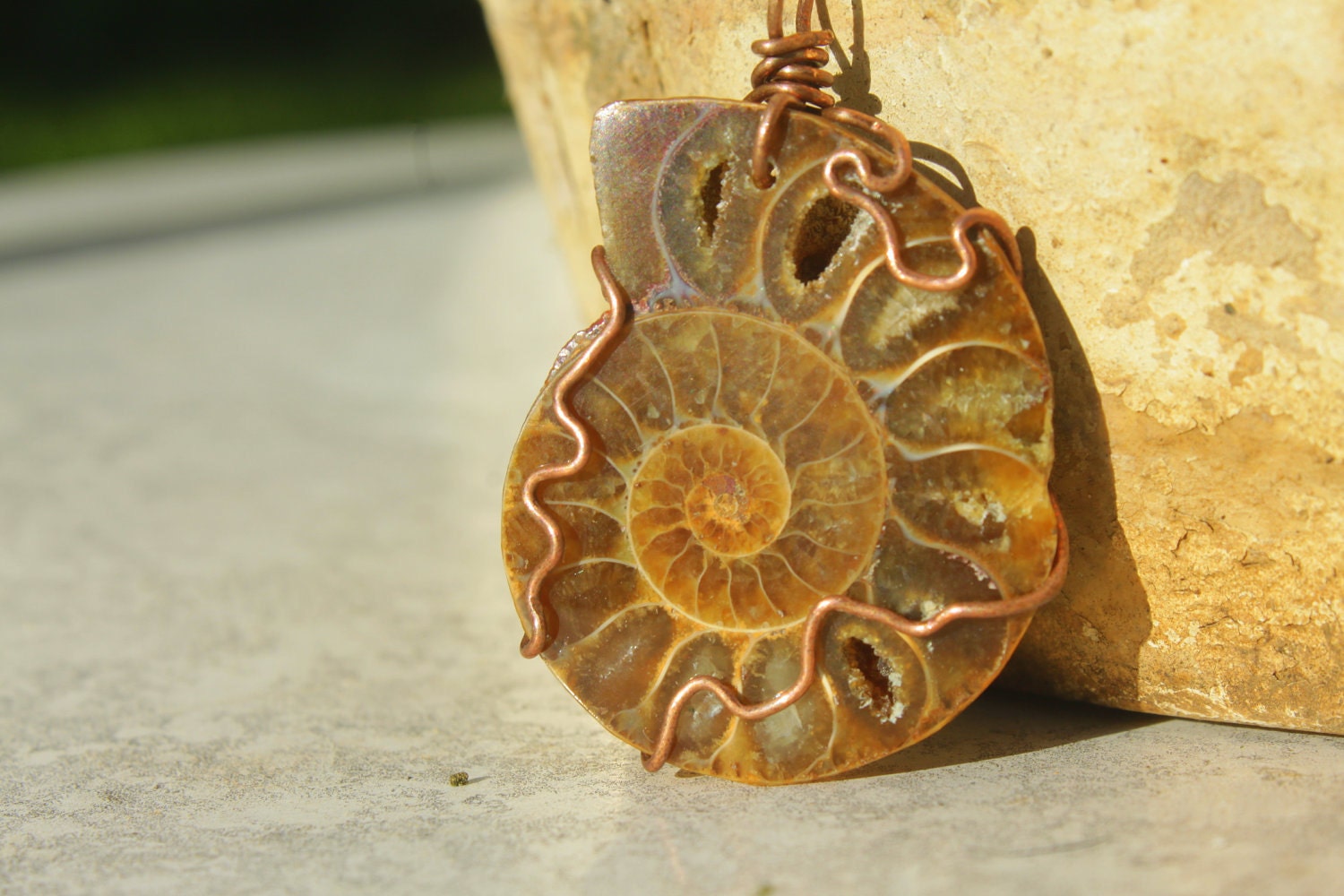 Cream and Brown Copper Wire Wrapped Ammonite Fossil Pendant with Opal and Crystal Pockets