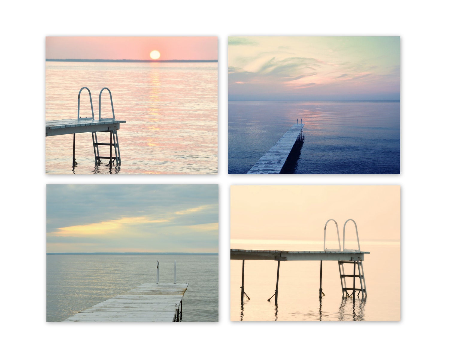 Romantic Print Set Four 8x10 Sunset Dock Lake Photographs Summer Photography Pink Blue Purple Shabby Chic Home Decor