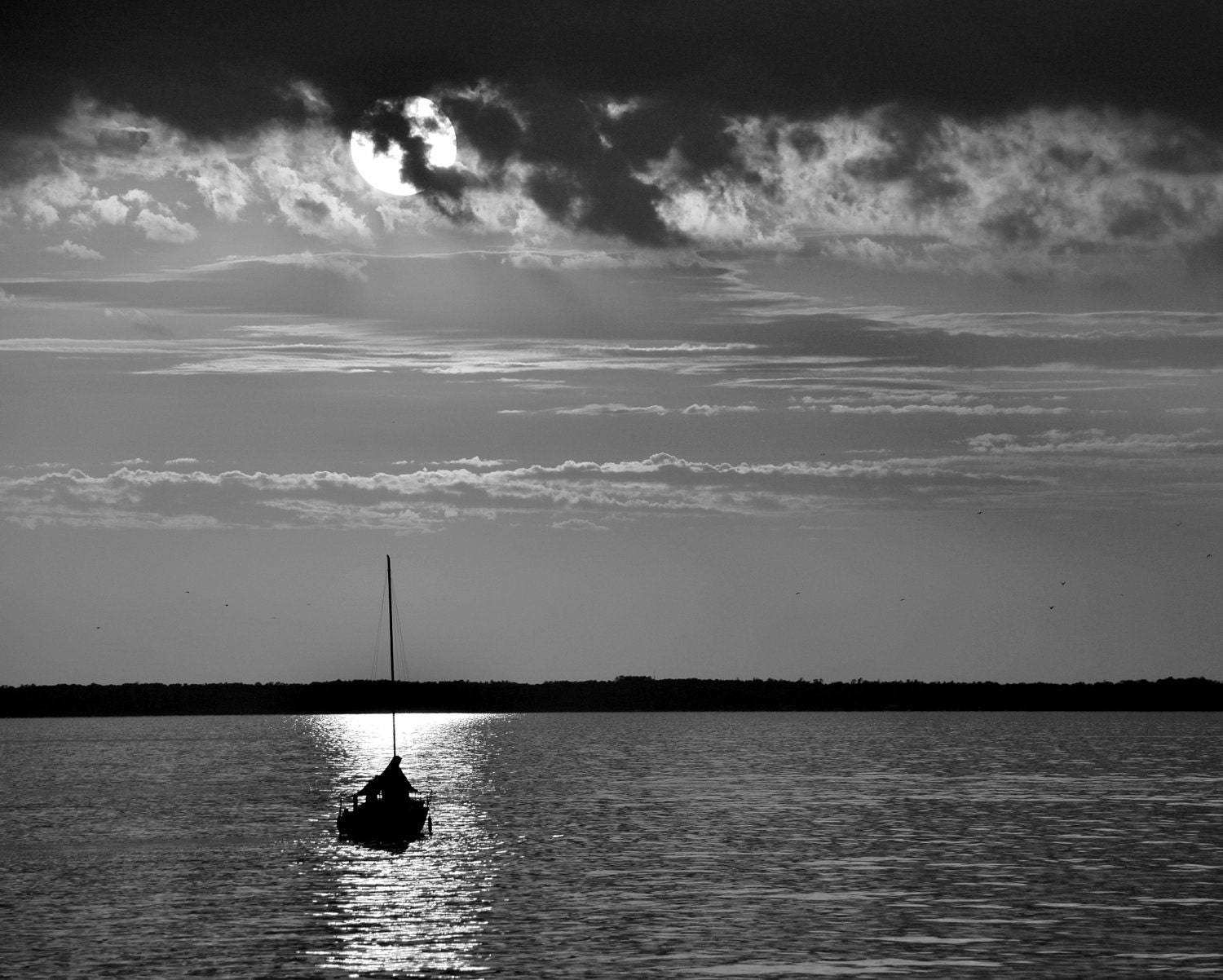 Black and White Moon Photography 8x10, Sailboat Wall Art, Modern Nautical Home Decor, Ocean Landscape Print, Lake House Decor