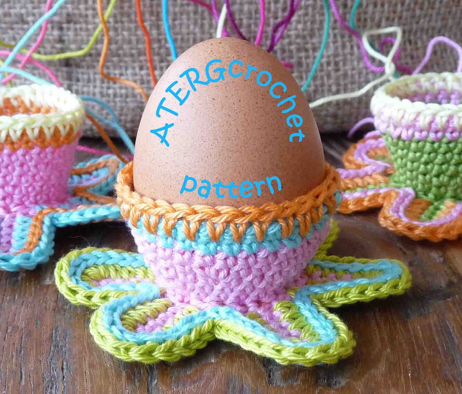 Crochet pattern colorful flower eggcup by ATERGcrochet