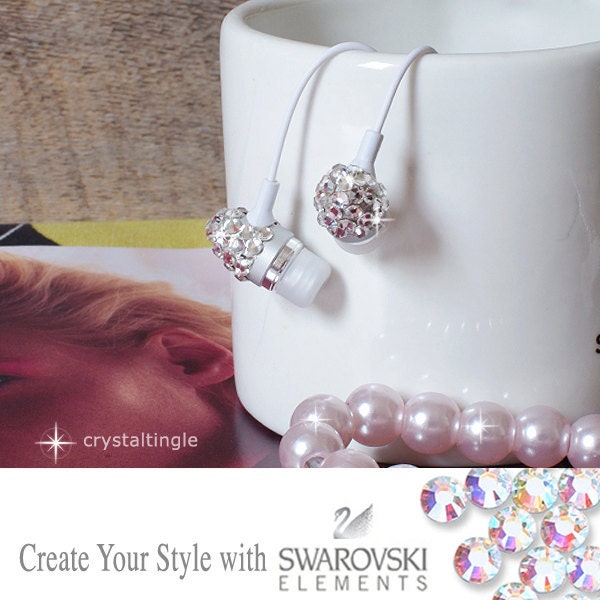 White Diamond Swarovski Earphone Earbuds for iPhone iPod iPad MP3 with Mic.