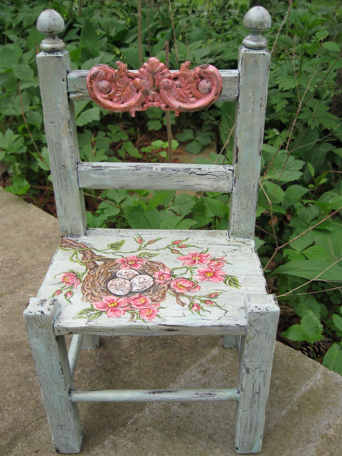 Vintage Chair Home Decor Spring Summer Shabby Decor Bird Nest Eggs Aqua Pink Roses Repurposed Handpainted Chair 13" High x 7" Wide