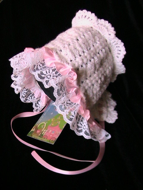 Crochet Baby Girl Hat with White-Pink Lace, Newborn girls hat, Infant hat, Baby hat - Ready to ship