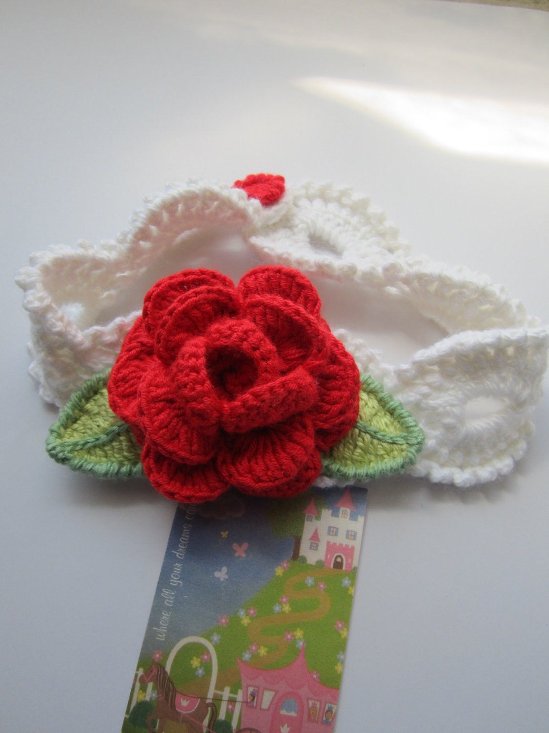 Crochet Head Bands Red Rose. White head band with flower. Crochet Headband. Valentine's Day
