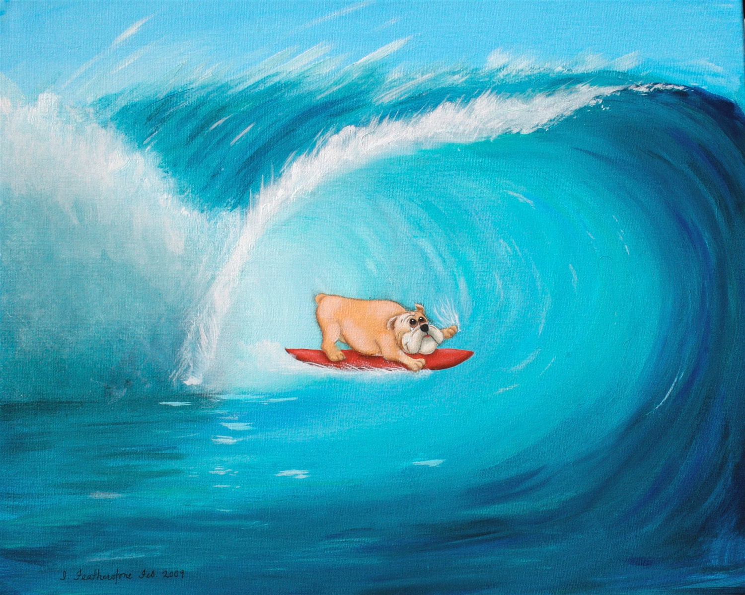 Dog Days of Summer Gift Surf Bulldog Original Hand Painted Acrylic Painting - dog art, Custom Pet Art