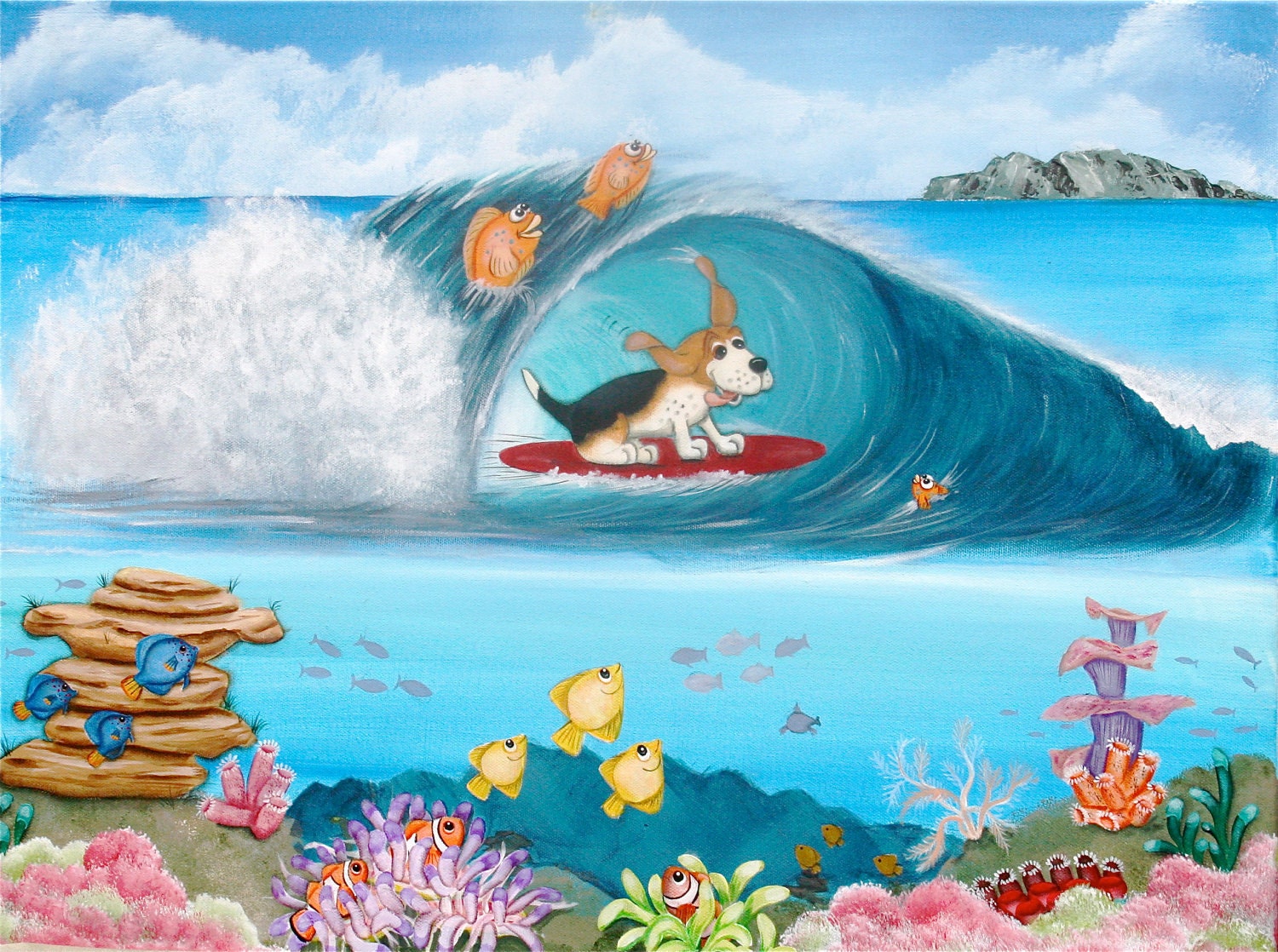 Surfing In the Tube Unique Original Hand Painted Basset Hound Dog Coral Reef Painting - dog art - Custom Pet Art, Pet Portrait