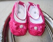 Pink Baby Shoes...Baby Girl Crib Shoes...Crib Shoes...Hot Pink Rosette Shoe with Fancy Rhinestone Button...Boutique Baby Crib Shoes