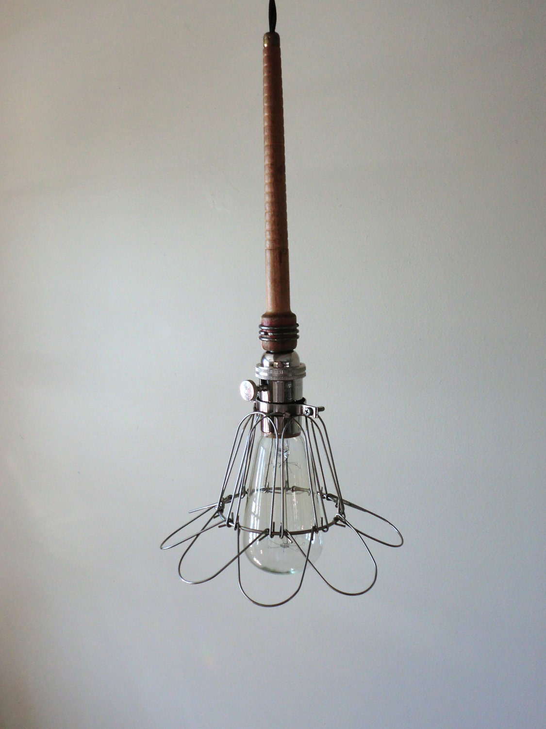 Industrial DARK WOOD Cage Light - Edison Bulb Pendant Light Fixture, Black Cord, Plug-in