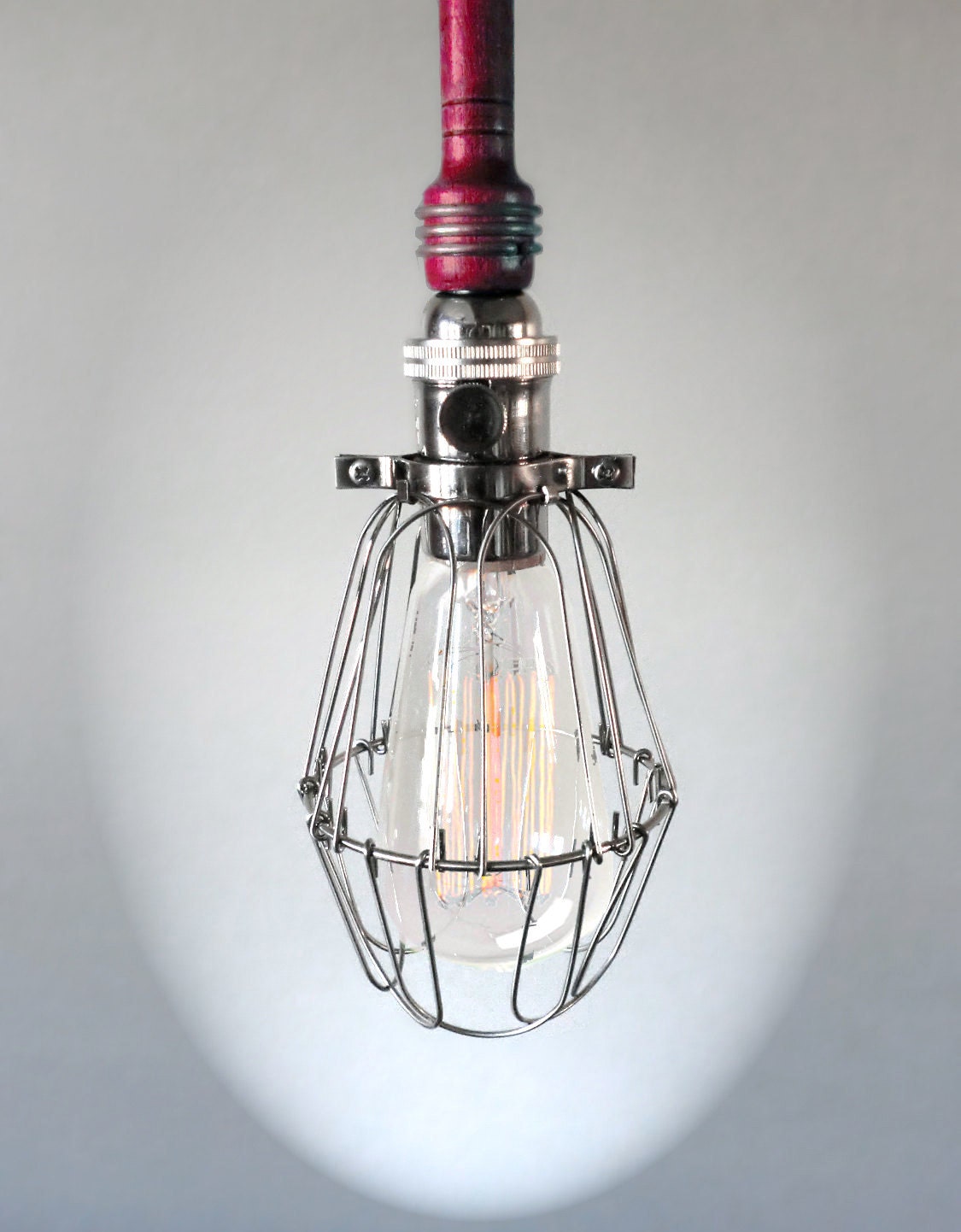 Industrial RED Cage Light - Edison Bulb Pendant Light Fixture, Black Cord, Plug-in