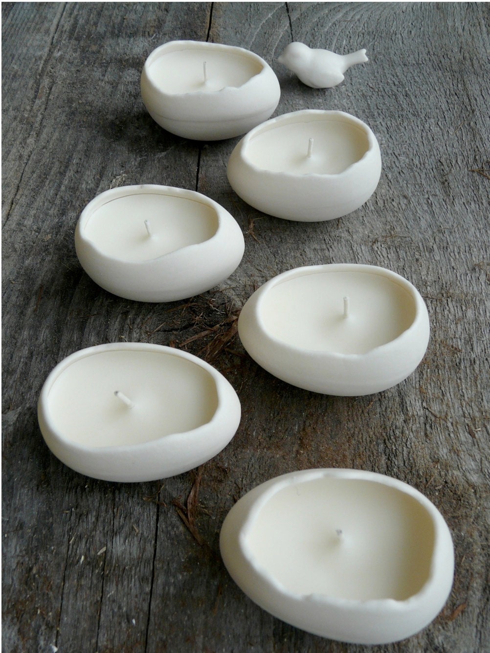 Porcelain Egg Candles, Set of 6 Soy Votives with Bird