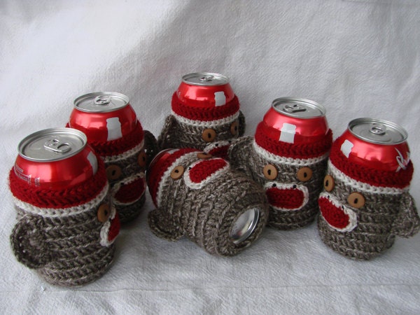 Six pack set of 6 Sock Monkey beer Soda Can Cozies half dozen red white brown groomsmen gift, birthdays