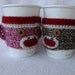 His and Hers Sock Monkey Coffee Cozy SET of two (red, white with pink and brown)