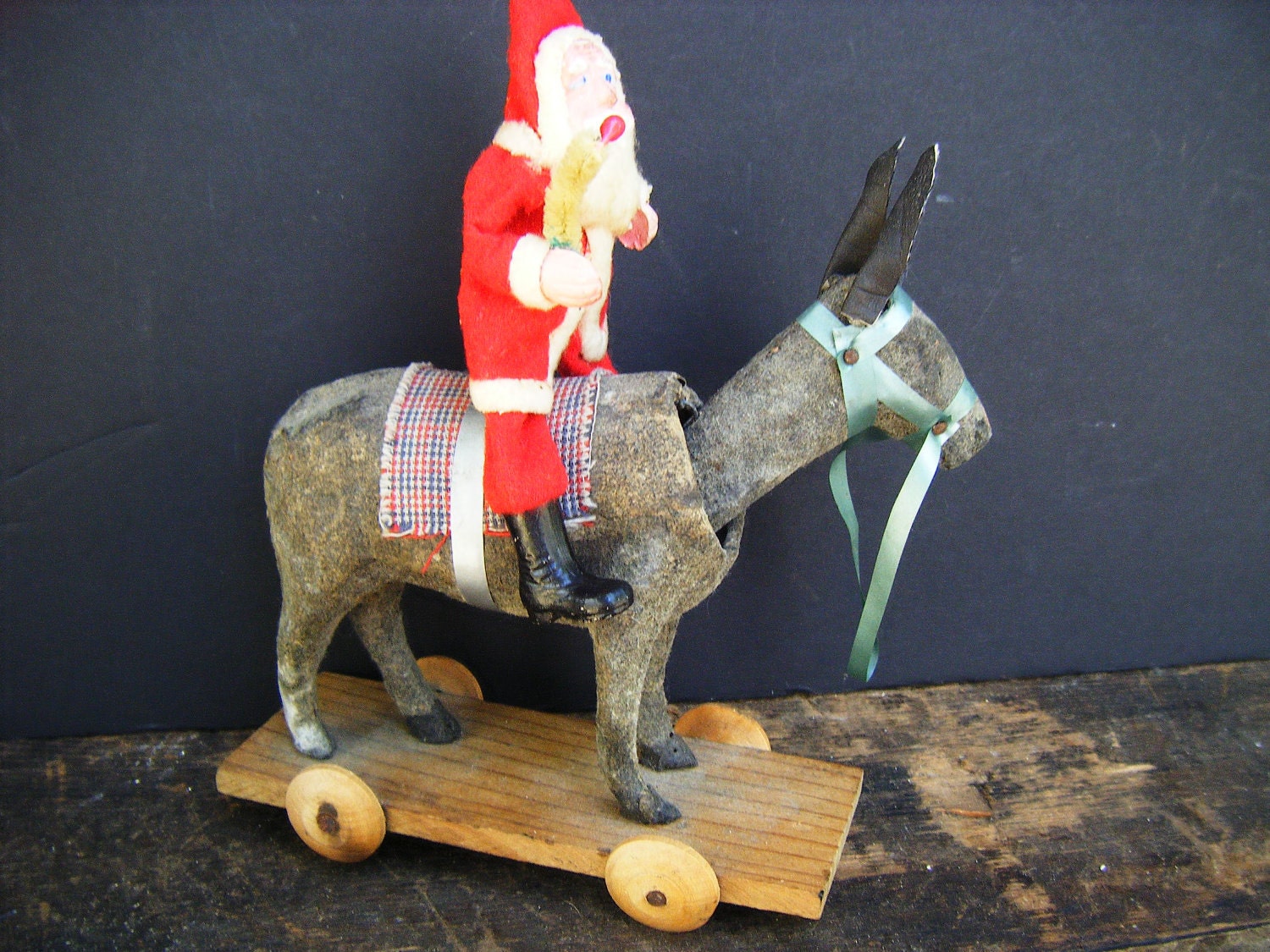 Antique Santa on a Donkey Pull Toy for Christmas, Bobbing Head