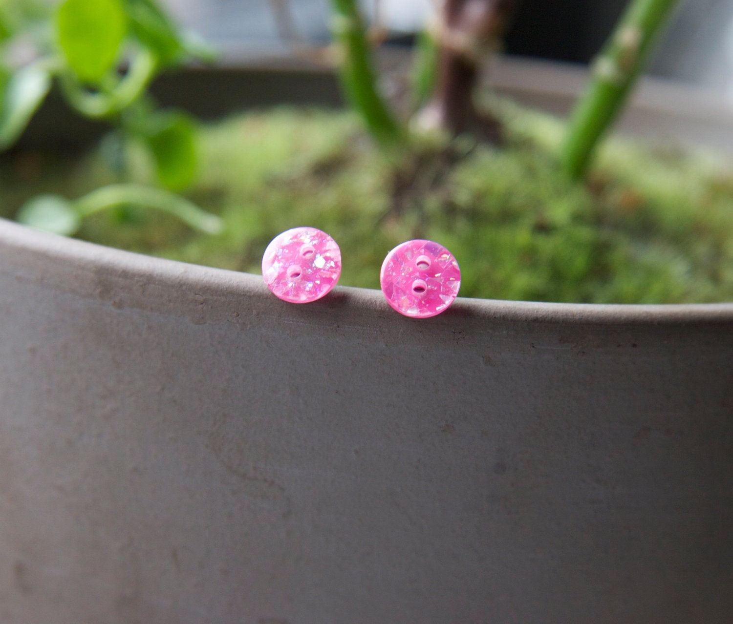 Round Pink Glitter Button Earrings