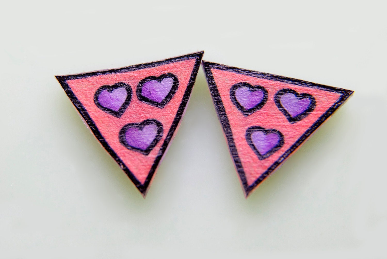 Shrink Plastic Heart Flag Earrings Deep Peach and Purple