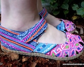 Colorful Embroidery & Indigo Batik Ankle Strap Mary Jane Espadrille Flat Vegan Womens Shoe