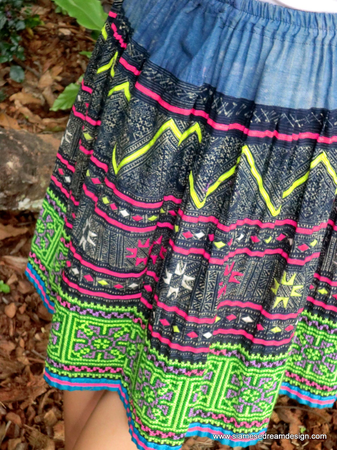 Hand Drawn Indigo Batik and Colorful Embroidery Hmong Skirt