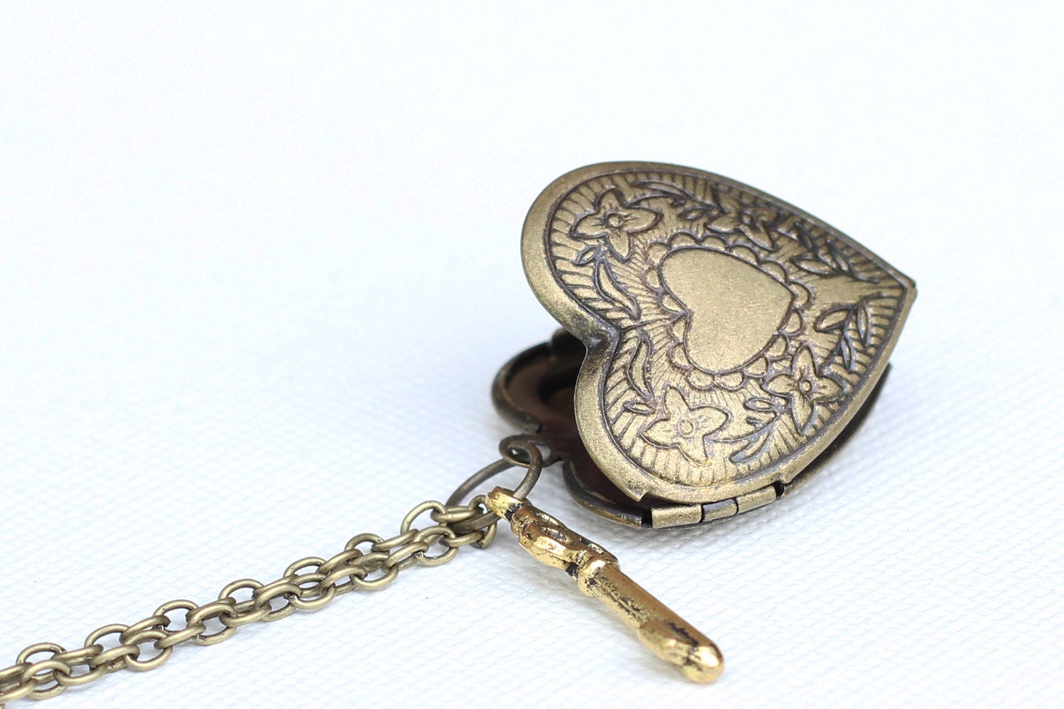 Heart Locket Pendant Necklace - Small gold key charm