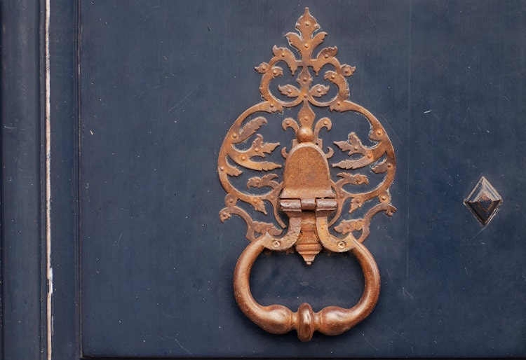 Paris Photo -  Door Knocker, Wall Art, Blue, Gold, Architectural Detail Fine Art Photograph, Urban Home Decor