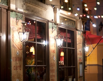Paris Night Photo - The Odeon, Colorful Parisian Bistro at Night, Urban Home Decor