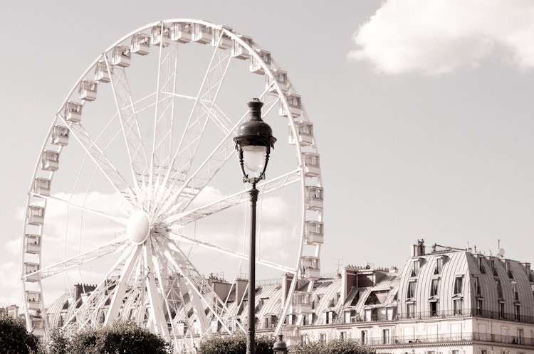 Paris Photo -  Ferris Wheel, Roue de Paris, Classic Black and White Sepia Photograph, Urban Home Decor, Wall Art, French Architecture