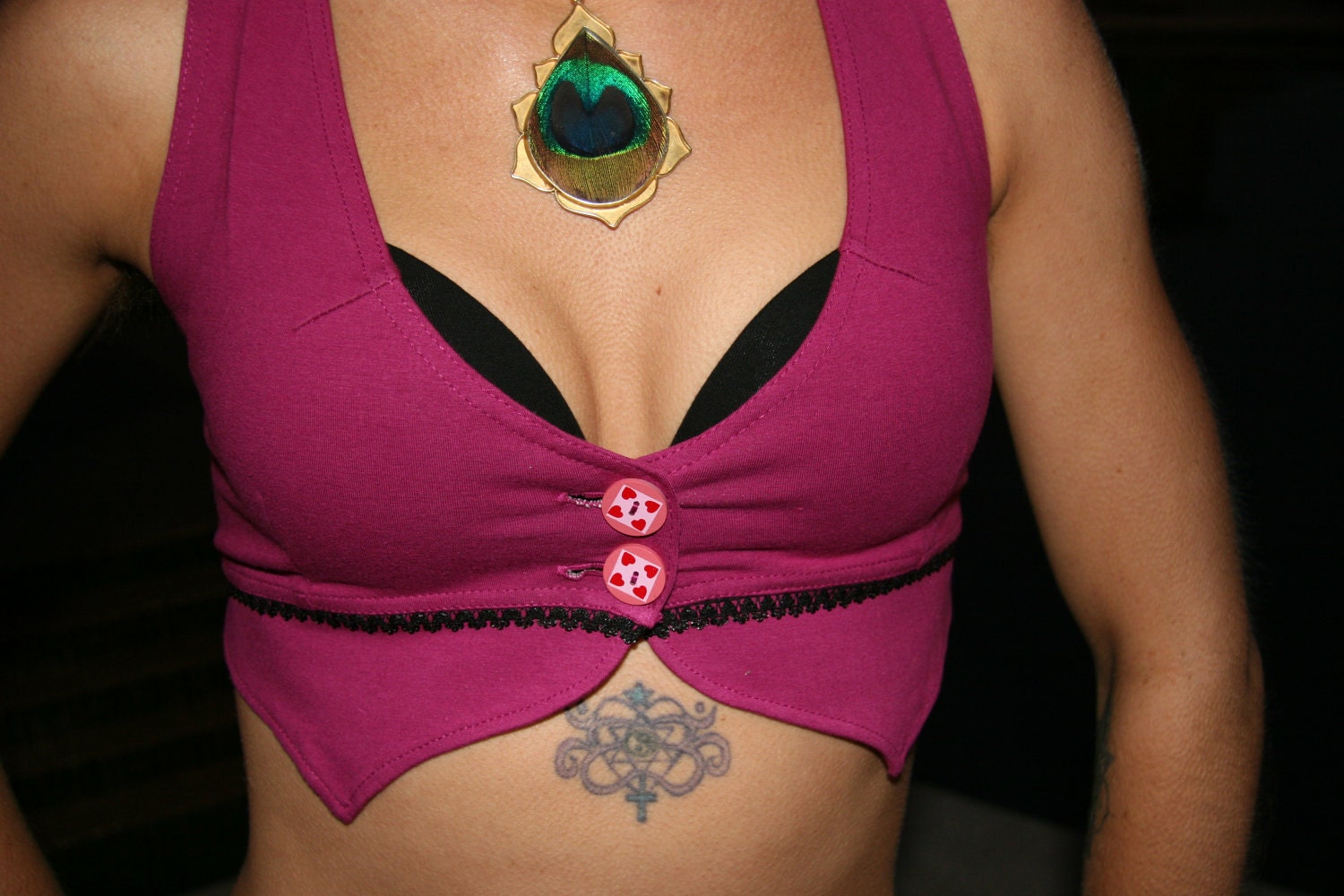 Fuchsia Lotus cropped Vest with Lotus petals, heart buttons and Gold Lotus Screenprint