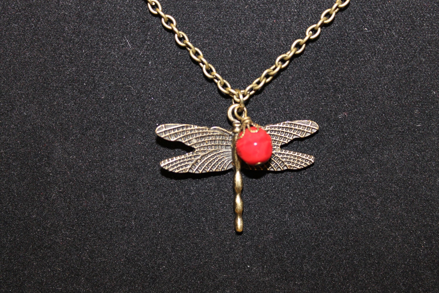 Dragonfly Pendant Necklace Red Pink Bead Dangle - Antique Bronze Dragonfly Necklace with Deep Red OR Deep Pink Beaded Dangle on Bronze Chain