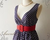 Retro Summer Navy Polka Dot Dress Vintage Inspired Cocktail Cotton Dress in Navy Shade Party or Everyday Dress -S-M-